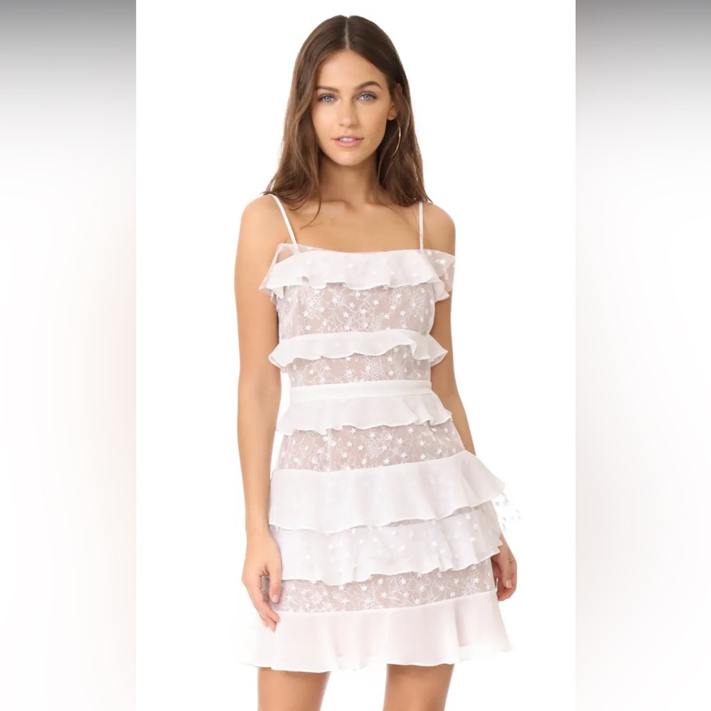 For Love & Lemons Cosmic Stars White Ruffle Tiered
Mini Dress